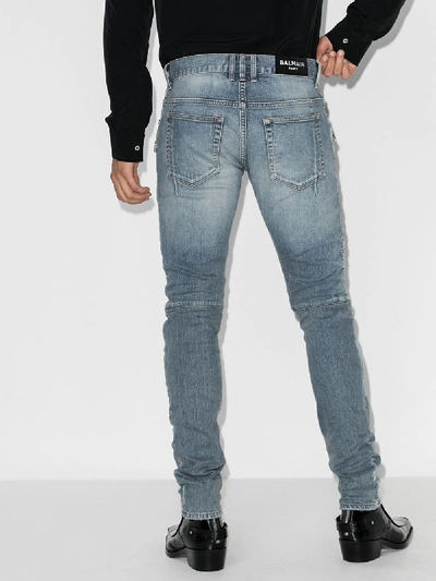 Shop Balmain Distressed Ribbed Slim Jeans In Blue
