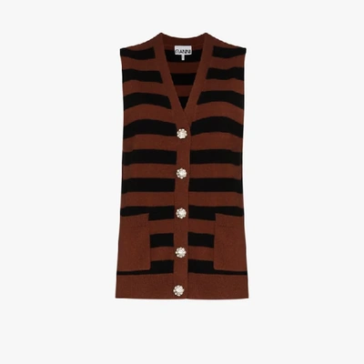 Shop Ganni Button-up Striped Cashmere Vest In Brown