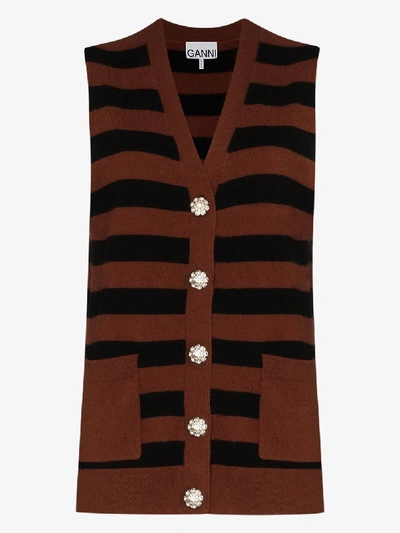 Shop Ganni Button-up Striped Cashmere Vest In Brown