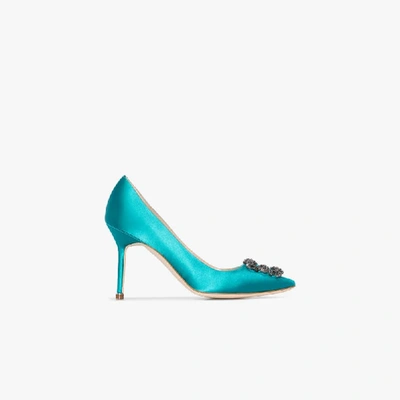 Shop Manolo Blahnik Blue Hangisi 90 Jewel Buckle Pumps