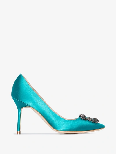 Shop Manolo Blahnik Blue Hangisi 90 Jewel Buckle Pumps