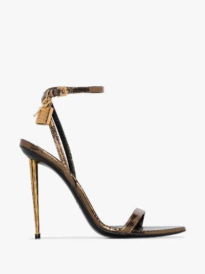 Shop Tom Ford Gold 105 Padlock Snake Effect Leather Sandals