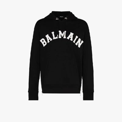 Shop Balmain Black College Logo Cotton Hoodie