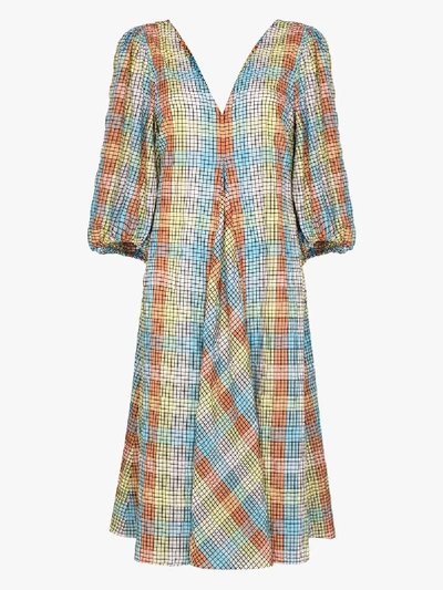 Shop Ganni Seersucker Check Midi Dress In Blue