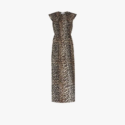 Shop Ganni Leopard Print Peter Pan Collar Dress In Brown