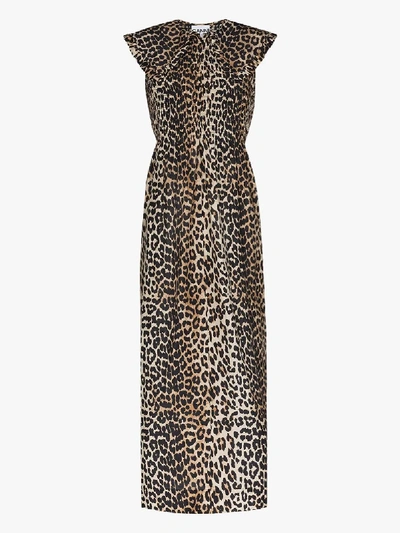 Shop Ganni Leopard Print Peter Pan Collar Dress In Brown