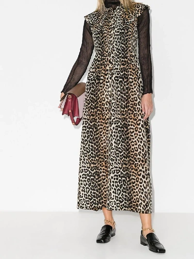 Shop Ganni Leopard Print Peter Pan Collar Dress In Brown