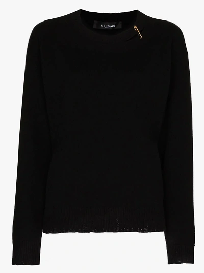 Shop Versace Distressed Effect Wool Sweater In Black