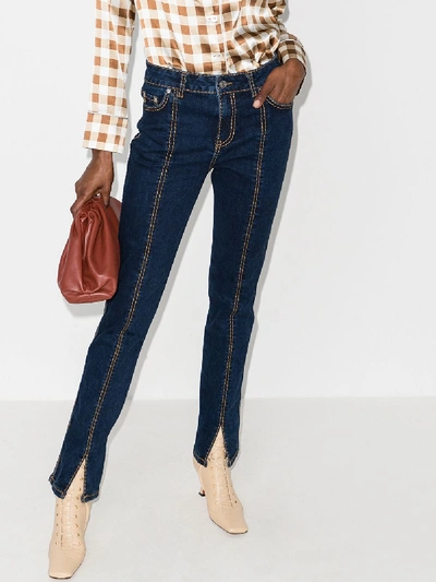 Shop Ganni Contrast Topstitch Skinny Jeans In Blue