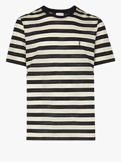 Shop Saint Laurent Striped Logo Wool T-shirt In Brown