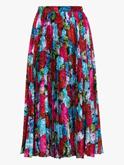 Shop Versace Rose Print Pleated Midi Skirt In Blue