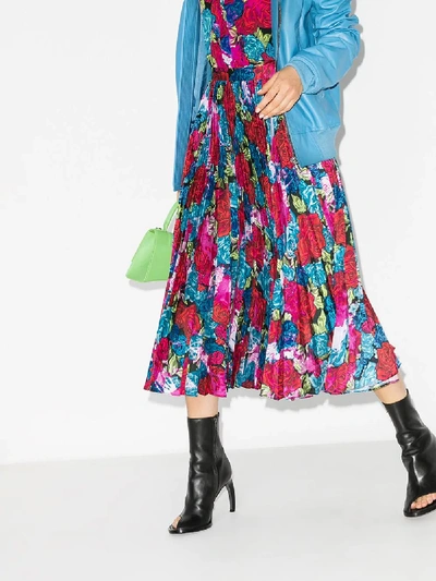 Shop Versace Rose Print Pleated Midi Skirt In Blue