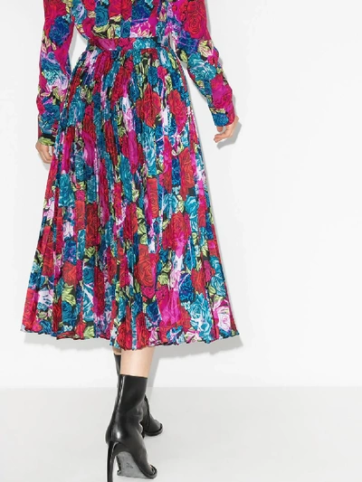 Shop Versace Rose Print Pleated Midi Skirt In Blue