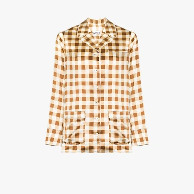 Shop Ganni Check Print Pyjama Shirt In Brown