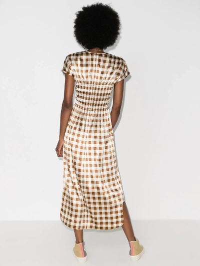 Shop Ganni Brown Check Print Silk Dress