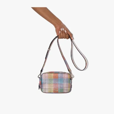 Shop Ganni Multicoloured Cube Print Leather Camera Bag In Blue