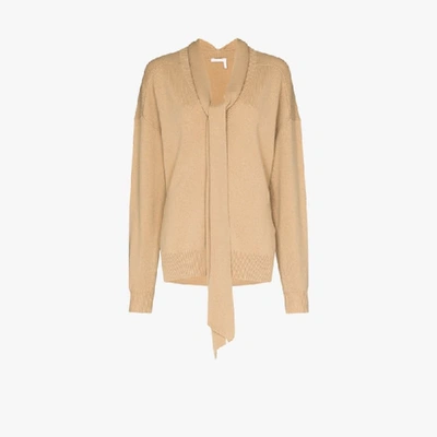 Shop Chloé V-neck Tie Cashmere Sweater In Brown