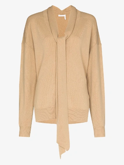 Shop Chloé V-neck Tie Cashmere Sweater In Brown