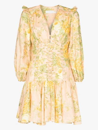 Shop Zimmermann Amelie Floral Print Corset Dress In Yellow