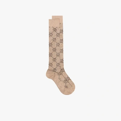 Shop Gucci Brown Gg Supreme Lamé Long Socks In Neutrals