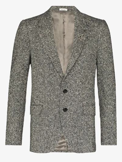 Shop Alexander Mcqueen Brooch Embellished Tweed Blazer In Black