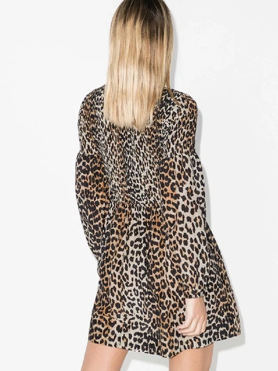 Shop Ganni Leopard Print Balloon Sleeve Smock Dress In Brown