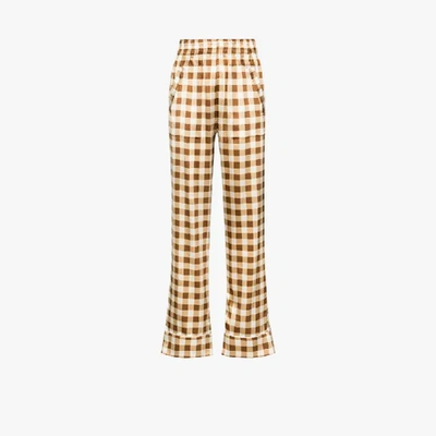 Shop Ganni Checked Wide Leg Silk Trousers In Brown