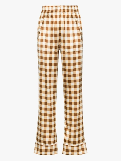 Shop Ganni Checked Wide Leg Silk Trousers In Brown