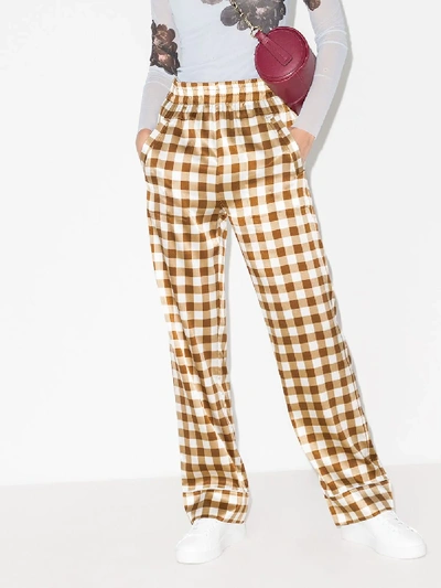 Shop Ganni Checked Wide Leg Silk Trousers In Brown