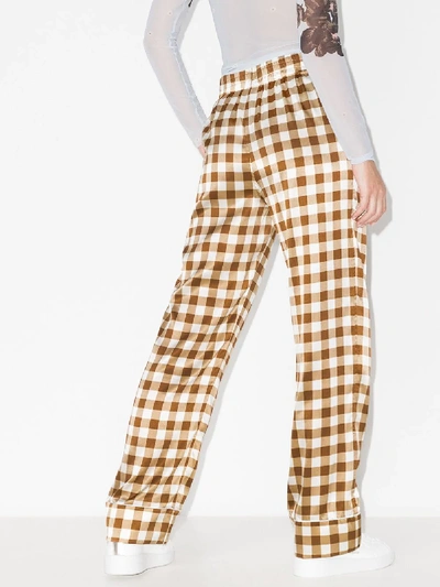 Shop Ganni Checked Wide Leg Silk Trousers In Brown