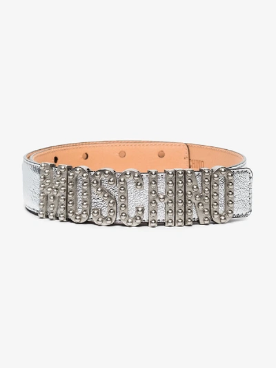 Shop Moschino Silver Tone Studded Logo Belt In Metallic