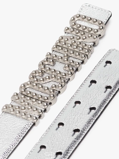 Shop Moschino Silver Tone Studded Logo Belt In Metallic