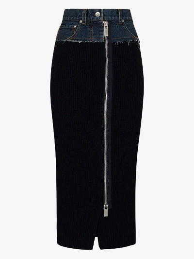 Shop Sacai Ribbed-knit Denim Pencil Skirt In Blue
