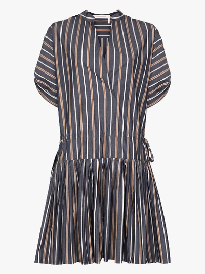Shop See By Chloé Striped Gathered Cotton Dress In Blue