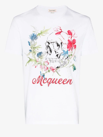 Shop Alexander Mcqueen Deconstructed Floral Skull T-shirt In White