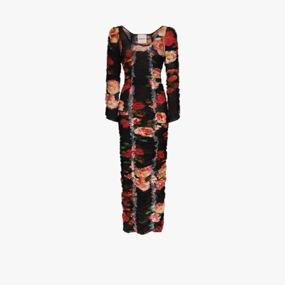Shop Molly Goddard Floral Print Ruched Mesh Dress In Red