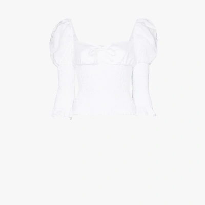 Shop Reformation Haven Smocked Linen Blouse In White