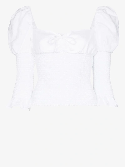 Shop Reformation Haven Smocked Linen Blouse In White