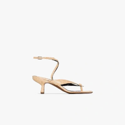 Shop By Far Beige Mindy 60 Snake Effect Leather Sandals In Neutrals