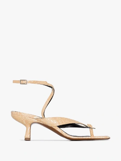 Shop By Far Beige Mindy 60 Snake Effect Leather Sandals In Neutrals