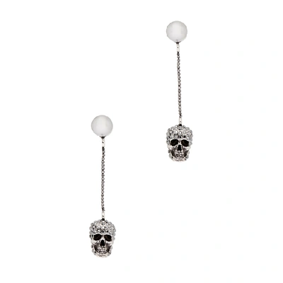 Shop Alexander Mcqueen Skull Crystal-embellished Earrings In Gunmetal