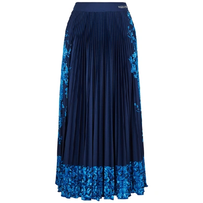 Shop Valentino Navy Floral-print Pleated Jersey Midi Skirt In Blue