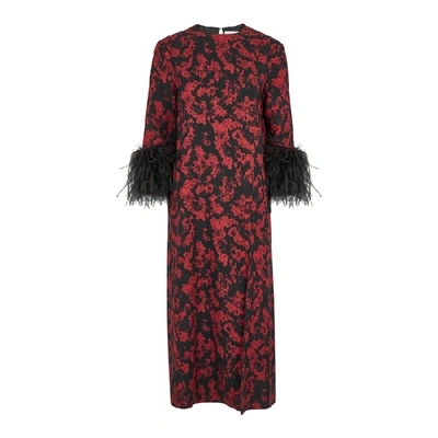 Shop 16arlington Billie Printed Feather-trimmed Midi Dress In Red