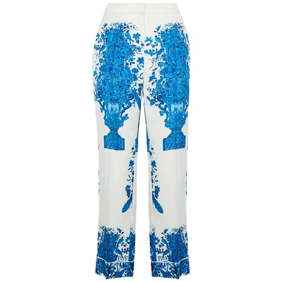 Shop Valentino Ivory Floral-print Silk-twill Trousers In Blue