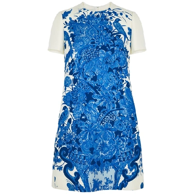 Shop Valentino Ivory Floral-print Wool-blend Mini Dress In Blue