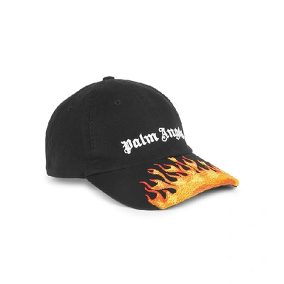 Shop Palm Angels Black Flame-embroidered Cotton Cap In Black And White