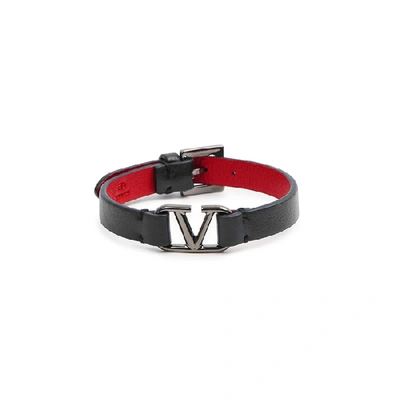 Shop Valentino Garavani Vlogo Leather Bracelet In Black And Red