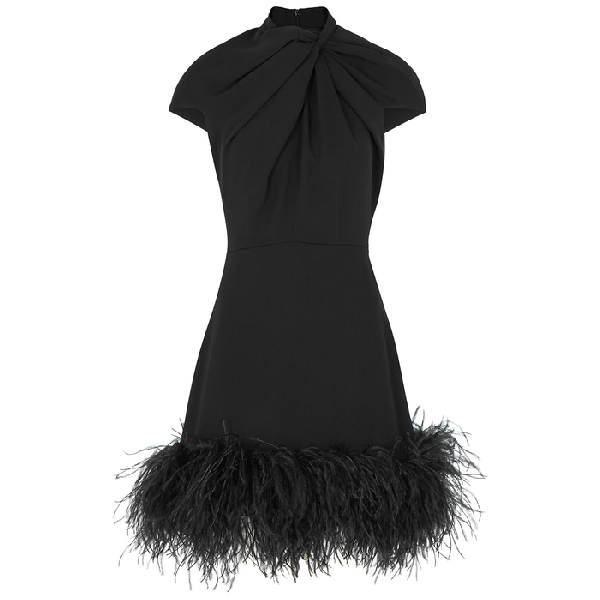 feather trim black dress