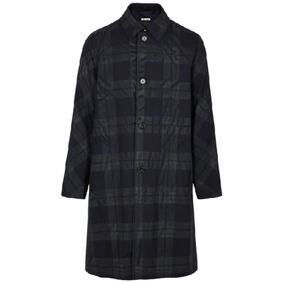 Shop Marni Navy Checked Wool Coat