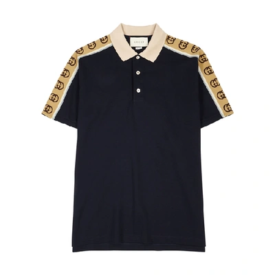 Shop Gucci Navy Gg-striped Cotton Polo Shirt